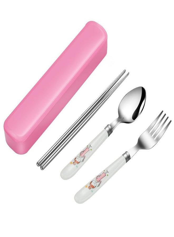 Fennec Mart 4-Piece Kids Cutlery Set Stainless Steel Cartoon Spoon, Fork, Chopsticks with Portable Case Cute Student Gift (Multi Design) - Image 1