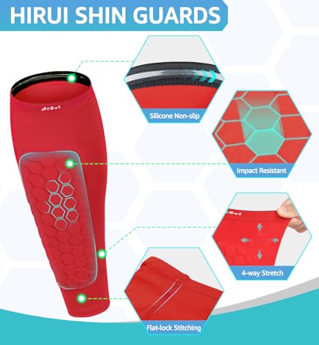 HiRui Soccer Shin Guards Shin Pads for Kids Youth Adult, Calf Compression Sleeve with Honeycomb Pads, Support for Shin Splint Baseball Boxing Kickboxing MTB, Lightweight(1PAIR) (Red, Small) - Image 3