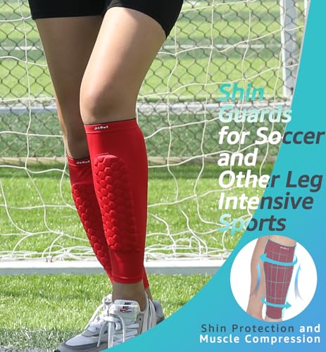 HiRui Soccer Shin Guards Shin Pads for Kids Youth Adult, Calf Compression Sleeve with Honeycomb Pads, Support for Shin Splint Baseball Boxing Kickboxing MTB, Lightweight(1PAIR) (Red, Small) - Image 2