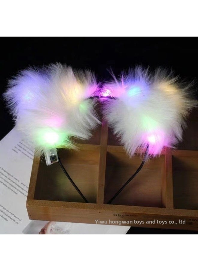 Hot Sale Luminous Rabbit Ear Hair Hoop Dragon Lantern Bow Ball Headwear 14 Light Woolly Rabbit Ear Toy-Color:Luminous Fox Ears-white Colored Lights  - Image 1