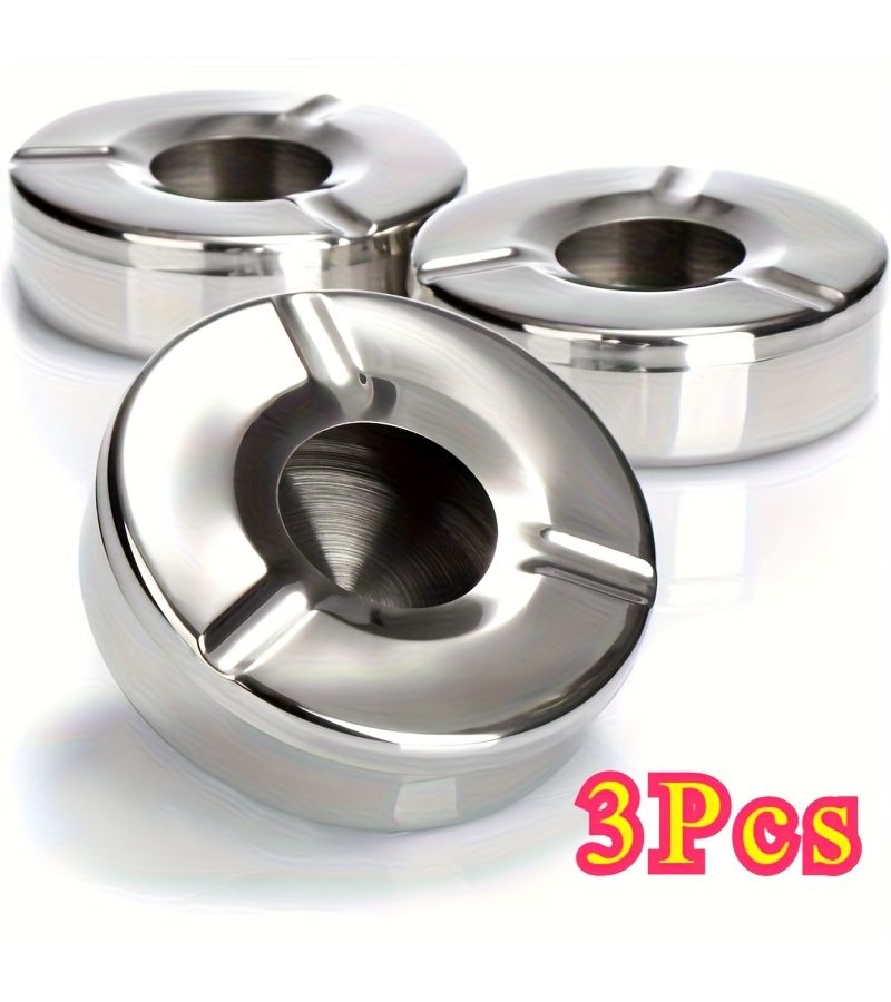 Silvery Stainless Steel Ashtray Set 3 Piece Windproof Detachable Lid - Image 3