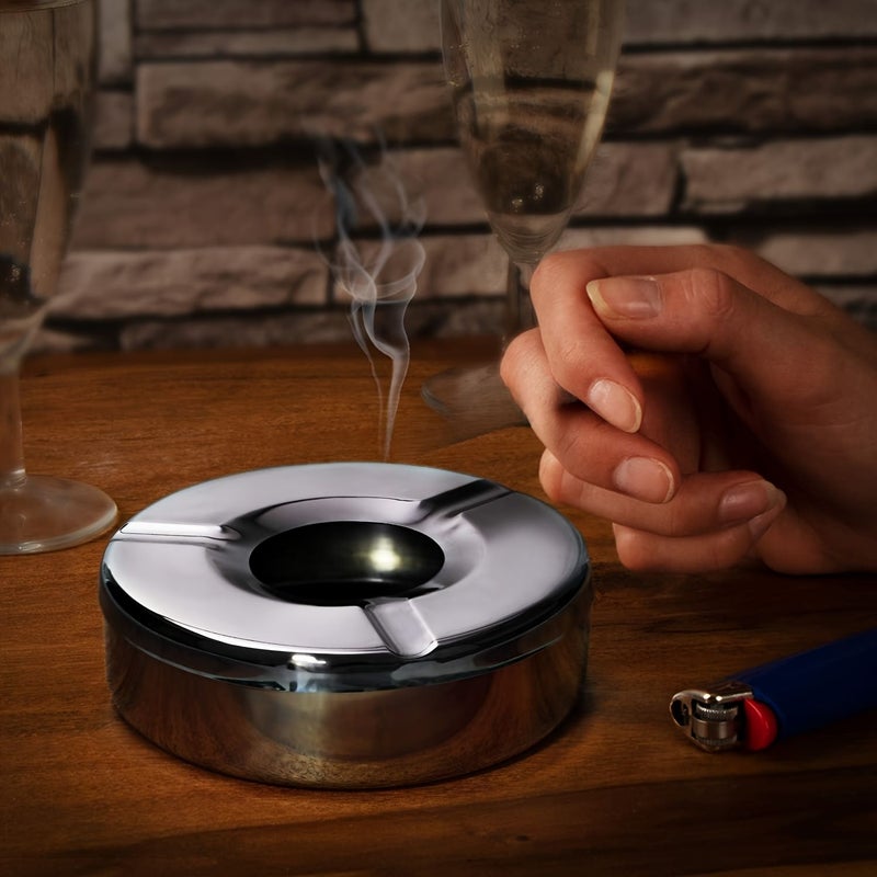 Silvery Stainless Steel Ashtray Set 3 Piece Windproof Detachable Lid - Image 5
