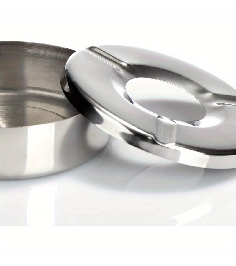 Silvery Stainless Steel Ashtray Set 3 Piece Windproof Detachable Lid - Image 2