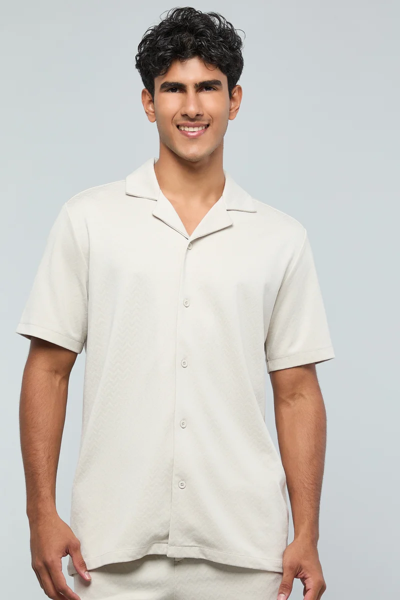 أر أند بي Self Patterned Shirt with Reverse Collar and Short Sleeves