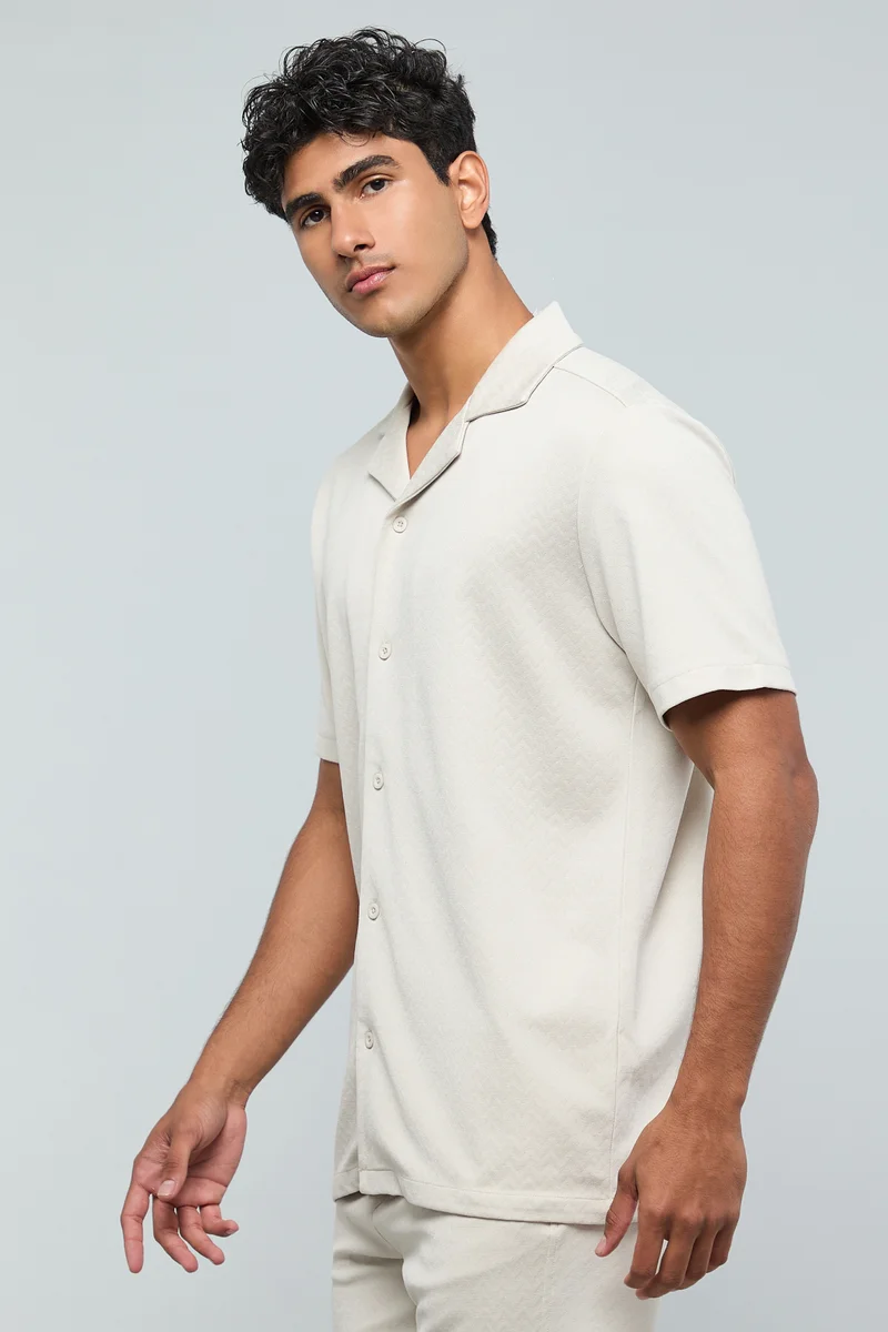 أر أند بي Self Patterned Shirt with Reverse Collar and Short Sleeves