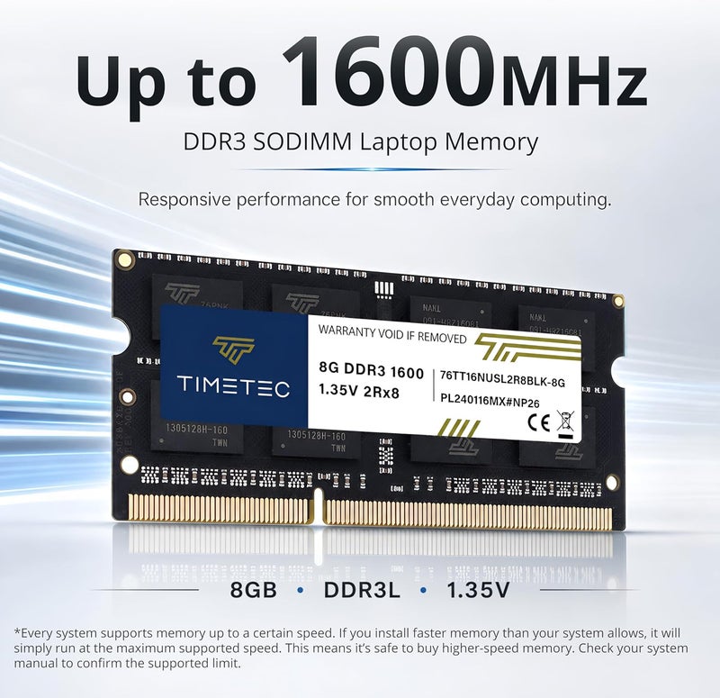 تايم تيك تيمتيك 16 جيجابايت كيت (2x8 جيجابايت) DDR3L / DDR3 1600 ميجاهرتز (DDR3L-1600) PC3L-12800 / PC3-12800 غير ECC غير مخزّن 1.35 فولت/1.5 فولت CL11 2Rx8 204 سن SODIMM ترقية وحدة ذاكرة وصول عشوائي للكمبيوتر المحمول والمكتبي لوحة PCB سوداء - Image 2