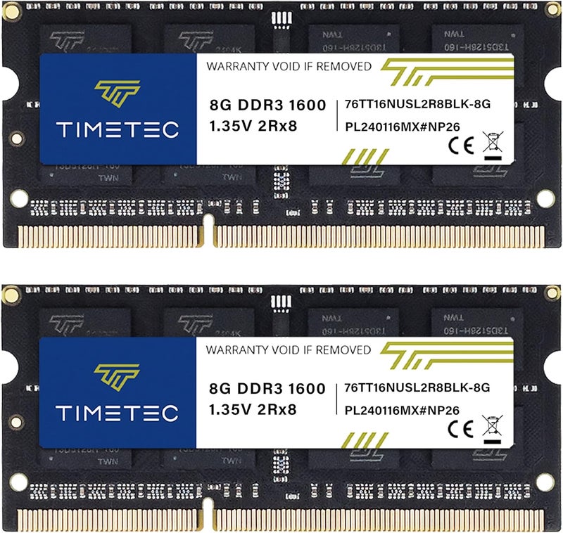 تايم تيك تيمتيك 16 جيجابايت كيت (2x8 جيجابايت) DDR3L / DDR3 1600 ميجاهرتز (DDR3L-1600) PC3L-12800 / PC3-12800 غير ECC غير مخزّن 1.35 فولت/1.5 فولت CL11 2Rx8 204 سن SODIMM ترقية وحدة ذاكرة وصول عشوائي للكمبيوتر المحمول والمكتبي لوحة PCB سوداء - Image 1