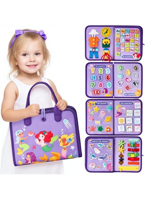 KolorFish Toddler Busy Board Book - Montessori Toys for 2+ Years, Birthday Gift - 7 in1 Preschool Learning Activities with Life Skills,Alphabet,Number,Shape,Color,Animal,Weather (Purple Mermaid)