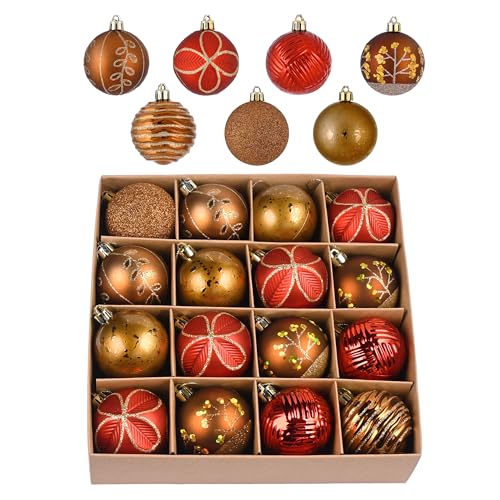 Valery Madelyn Christmas Ornaments Set 16ct 236 Inches Red and Brown Shatterproof Christmas Tree Decorations Woodland Hanging Ball Ornaments Bulk for Xmas Holiday Decor - Image 1