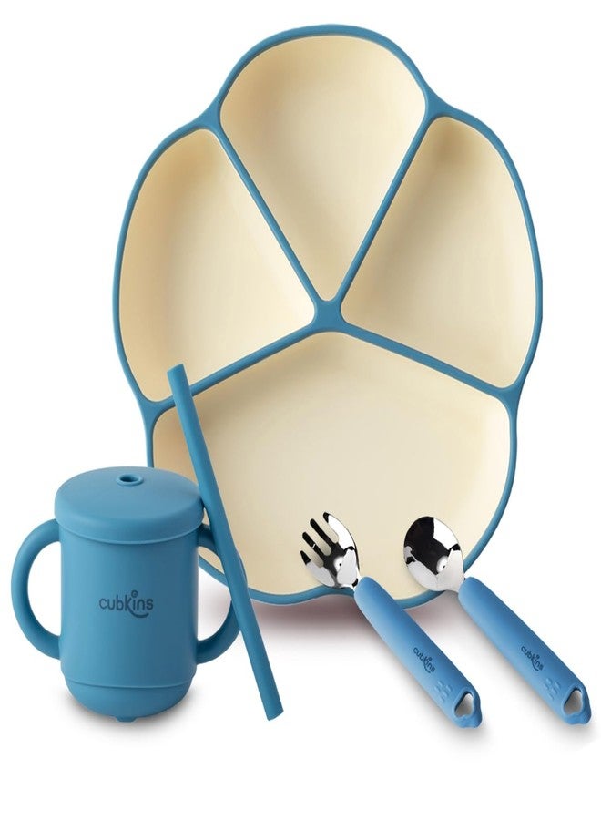Cubkins Silicone Suction Plate & Sippy Cup with Stainless Steel Spoon & Fork Set of 4 for Feeding Babies | BPA Free, Washable and Reusable Feeding Set for Kids, Toddlers (Blue Olive) - Image 1