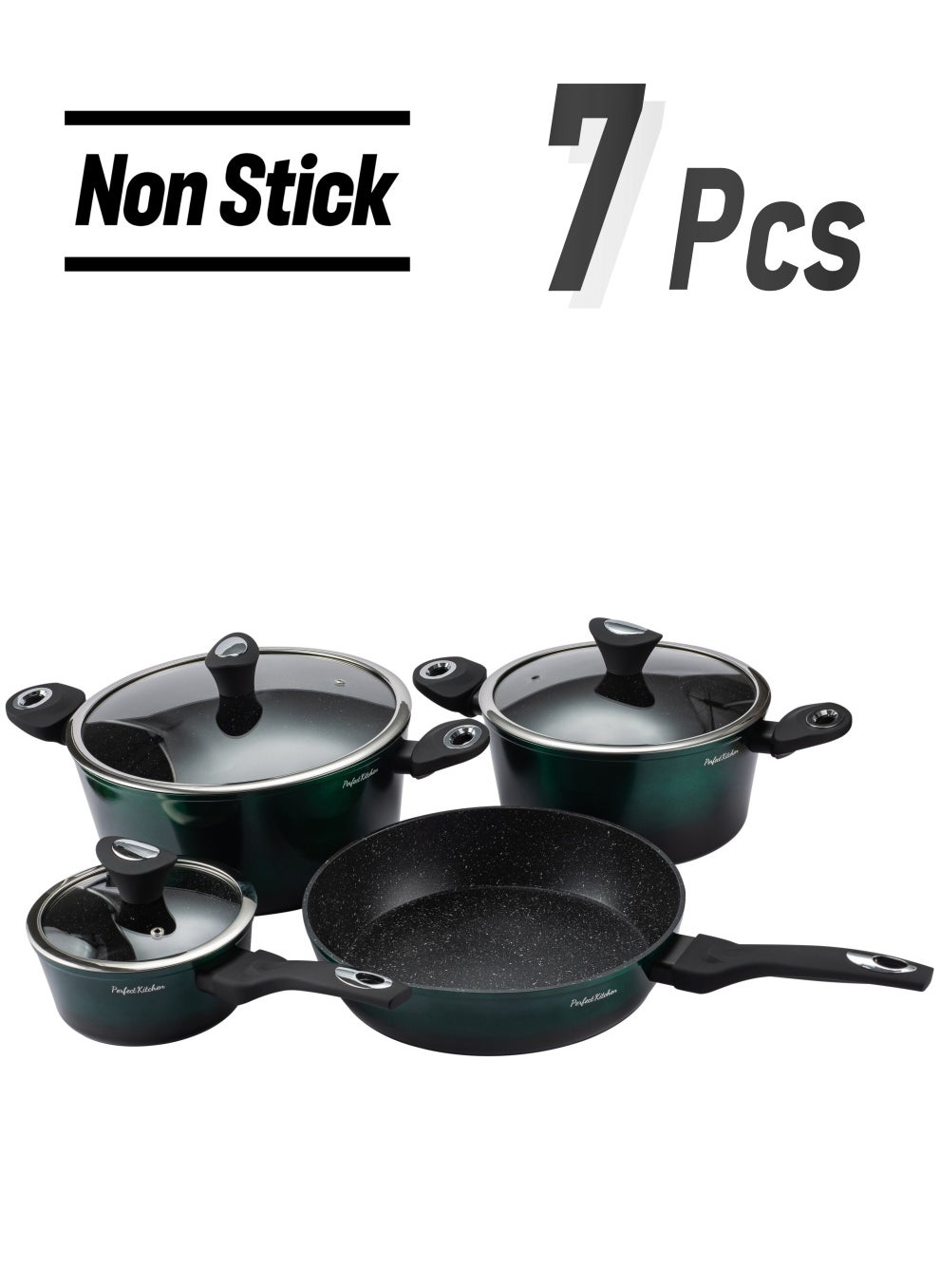 PERFECT KITCHEN 7pc Cookware Set Die Cast Medical Coating Green - 3 Casserole ( 24CM, 16CM, 28CM And FryPan 28CM) With 3 Lids 