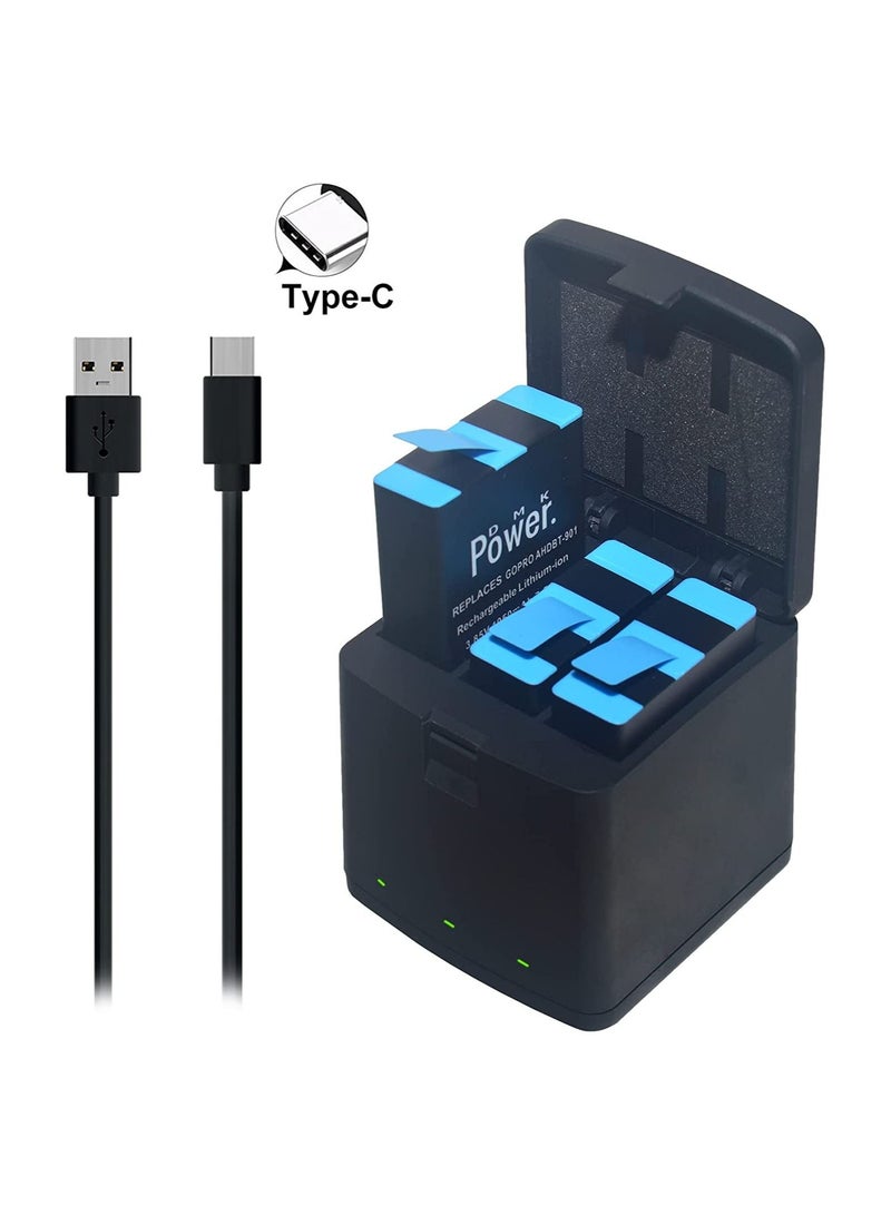 DMK Power بطارية DMK Power AHDBT-901 (1950mAh) 3Pack مع شاحن LED من نوع C USB ب3 قنوات متوافق مع بطارية وشاحن Hero 9/10 - Image 2