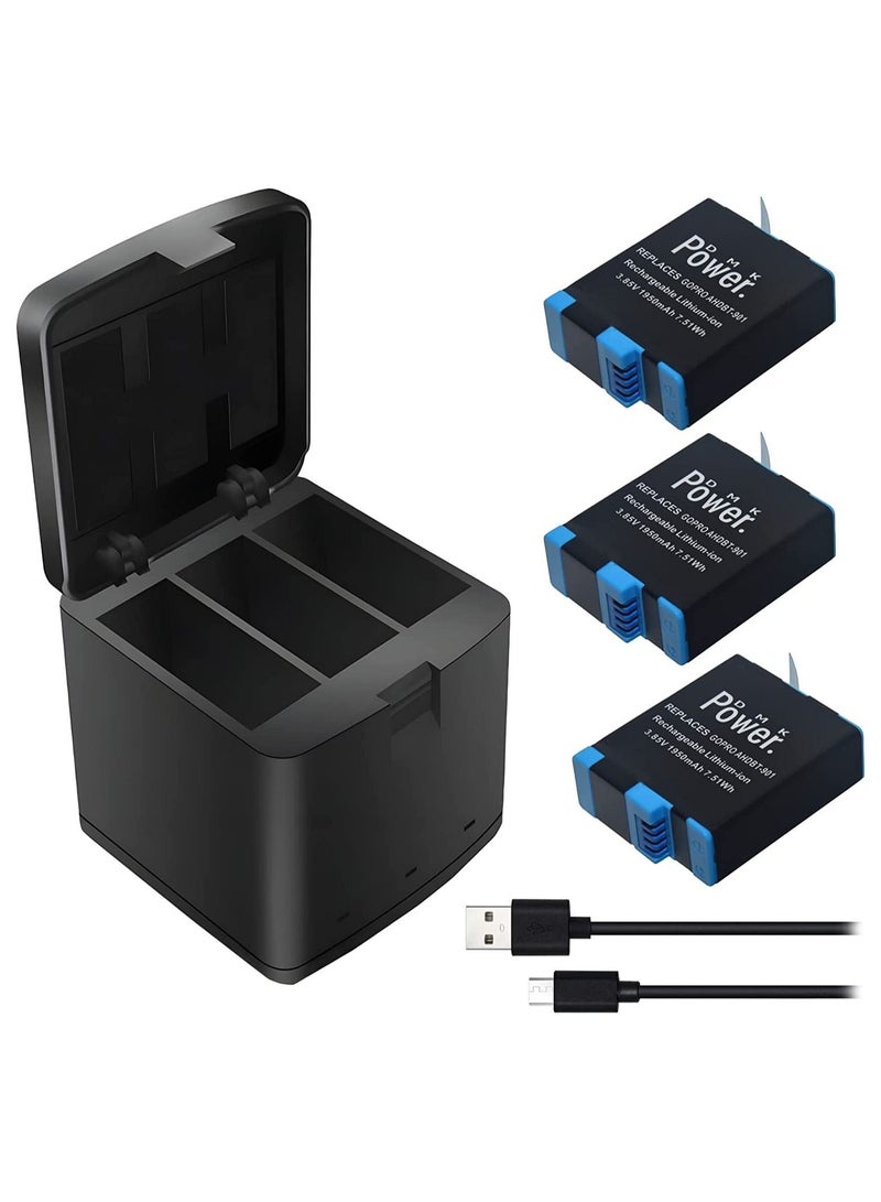DMK Power بطارية DMK Power AHDBT-901 (1950mAh) 3Pack مع شاحن LED من نوع C USB ب3 قنوات متوافق مع بطارية وشاحن Hero 9/10 - Image 1
