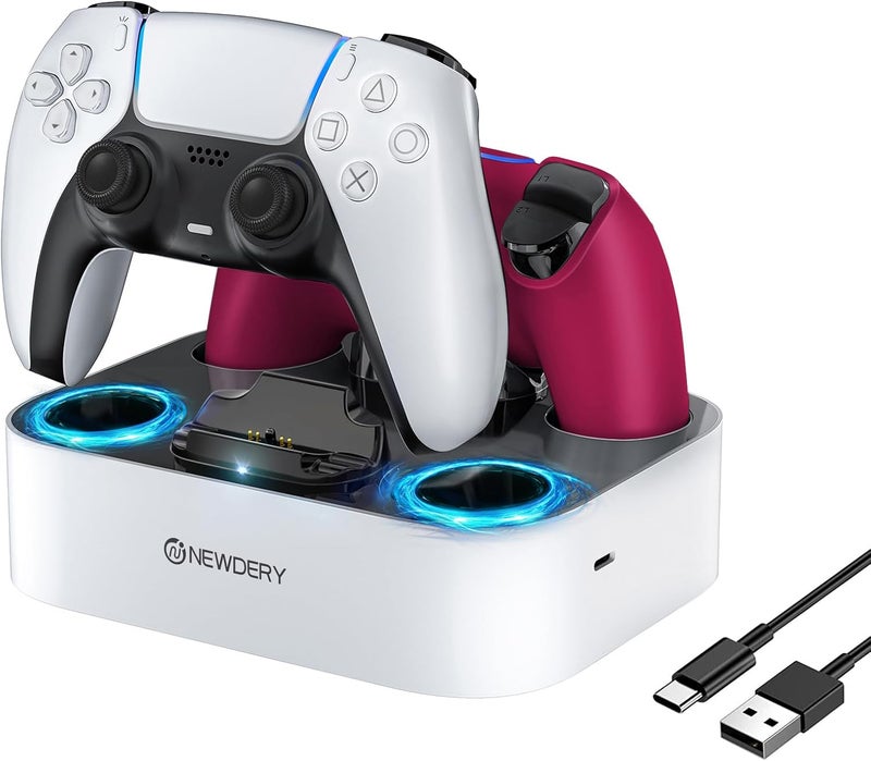 نيودري محطة شحن وحدة تحكم PS5 من لوحدة تحكم DualSense Edge، دعامة شحن سريعة مع كابل، محطة شحن لوحدتي تحكم لجهاز PlayStation 5 ووحدة تحكم DualSense Edge (بيضاء) - Image 1