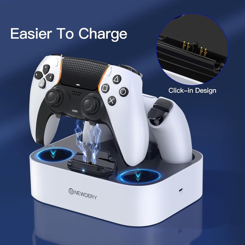 نيودري محطة شحن وحدة تحكم PS5 من لوحدة تحكم DualSense Edge، دعامة شحن سريعة مع كابل، محطة شحن لوحدتي تحكم لجهاز PlayStation 5 ووحدة تحكم DualSense Edge (بيضاء) - Image 3