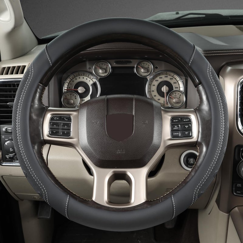 GIANT PANDA Car Steering Wheel Cover for RAM 1500 2500 3500, Compatible with Dodge RAM 15.5-16 inches - Black+Gray Line - Image 2