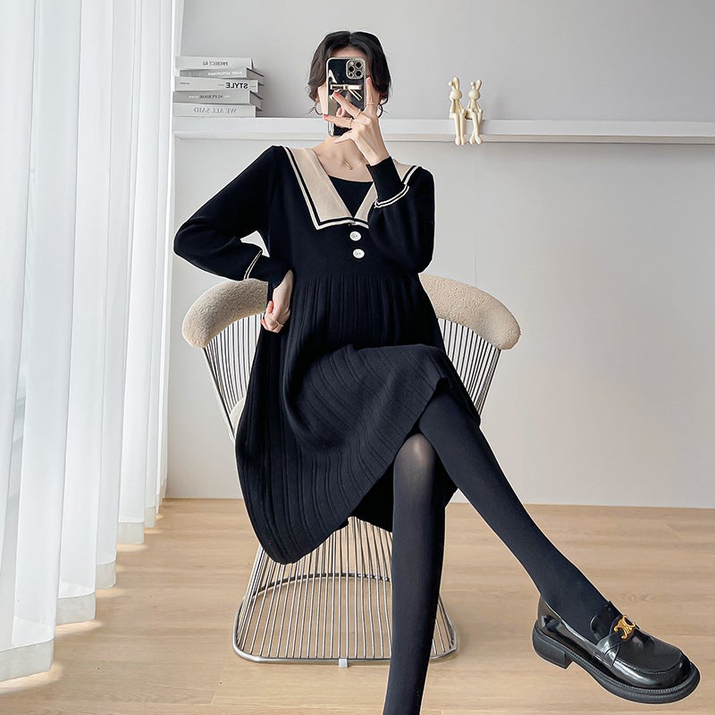 Chic Maternity Dress and Leggings Set for Fall Black sweater + black spring & fall socks with legs 