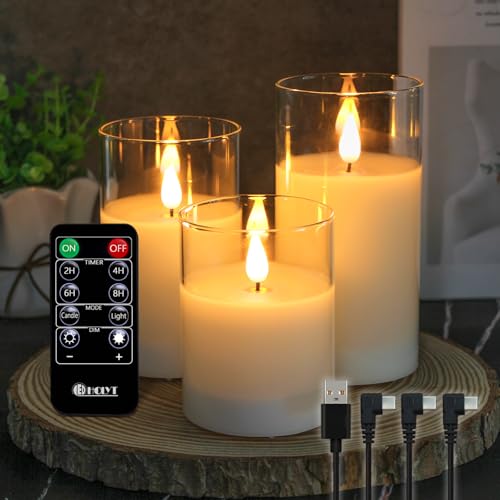 LEDHOLYT Rechargeable Flameless Glass Pillar Candles–Gifts for Women–Set of 3, Realistic Flickering LED Light,Remote & Timer, USB-Rechargeable, Ideal for Living Room, Bedroom & Holiday Décor - Image 1