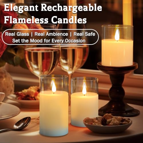 LEDHOLYT Rechargeable Flameless Glass Pillar Candles–Gifts for Women–Set of 3, Realistic Flickering LED Light,Remote & Timer, USB-Rechargeable, Ideal for Living Room, Bedroom & Holiday Décor - Image 5