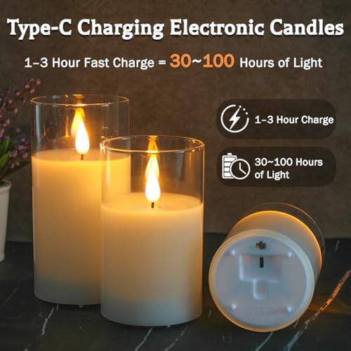 LEDHOLYT Rechargeable Flameless Glass Pillar Candles–Gifts for Women–Set of 3, Realistic Flickering LED Light,Remote & Timer, USB-Rechargeable, Ideal for Living Room, Bedroom & Holiday Décor - Image 3