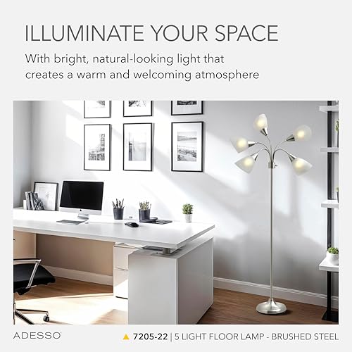 Adesso Floor Lamp with 5 Movable Shades & Adjustable Brightness – Perfect Lighting for Bedroom Decor, Beauty & Art Studio, Silver - Image 2