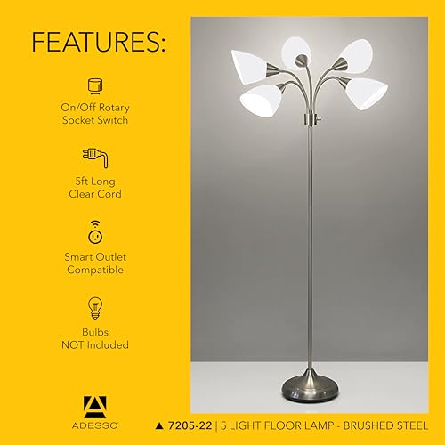 Adesso Floor Lamp with 5 Movable Shades & Adjustable Brightness – Perfect Lighting for Bedroom Decor, Beauty & Art Studio, Silver - Image 5