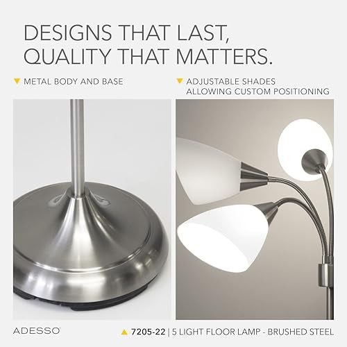 Adesso Floor Lamp with 5 Movable Shades & Adjustable Brightness – Perfect Lighting for Bedroom Decor, Beauty & Art Studio, Silver - Image 4