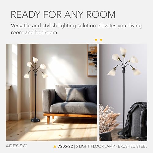 Adesso Floor Lamp with 5 Movable Shades & Adjustable Brightness – Perfect Lighting for Bedroom Decor, Beauty & Art Studio, Silver - Image 3