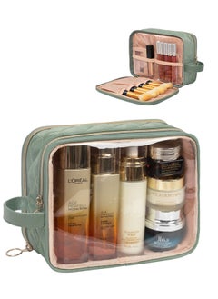 Excefore Green Makeup Bag, Portable Small Cosmetic Bag with Handle Cute Clear Pouch with Makeup Brush Compartment Makeup Storage for Women and Girls Makeup Brush Organizer Cosmetics Pouch Bags  - Image 1
