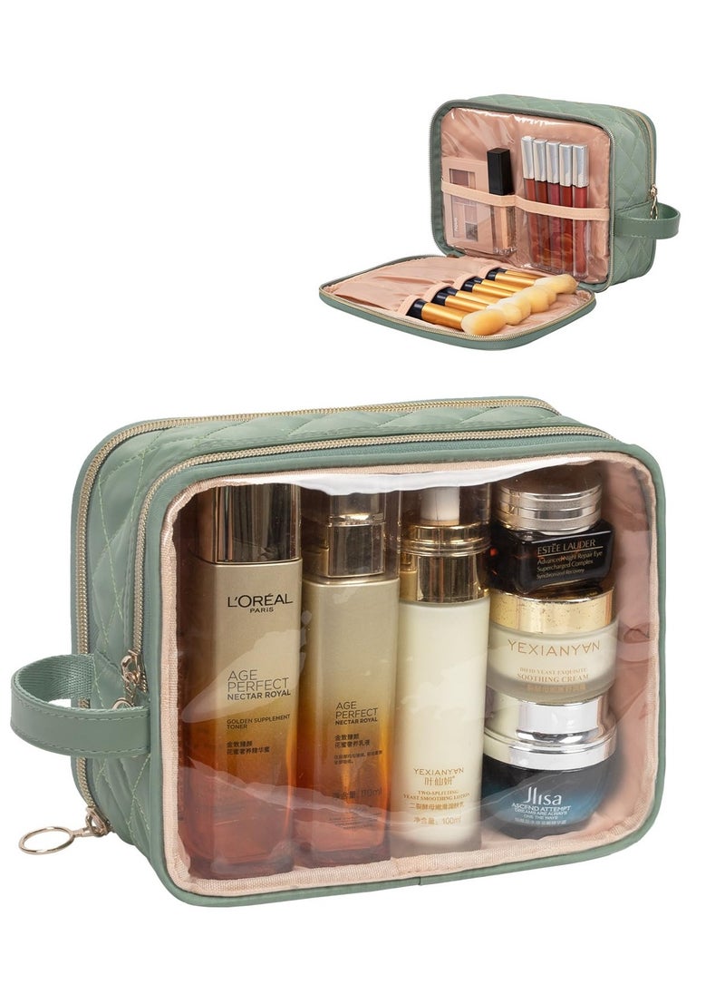 Excefore Green Makeup Bag, Portable Small Cosmetic Bag with Handle Cute Clear Pouch with Makeup Brush Compartment Makeup Storage for Women and Girls Makeup Brush Organizer Cosmetics Pouch Bags  - Image 1