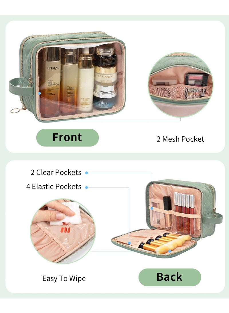 Excefore Green Makeup Bag, Portable Small Cosmetic Bag with Handle Cute Clear Pouch with Makeup Brush Compartment Makeup Storage for Women and Girls Makeup Brush Organizer Cosmetics Pouch Bags  - Image 2