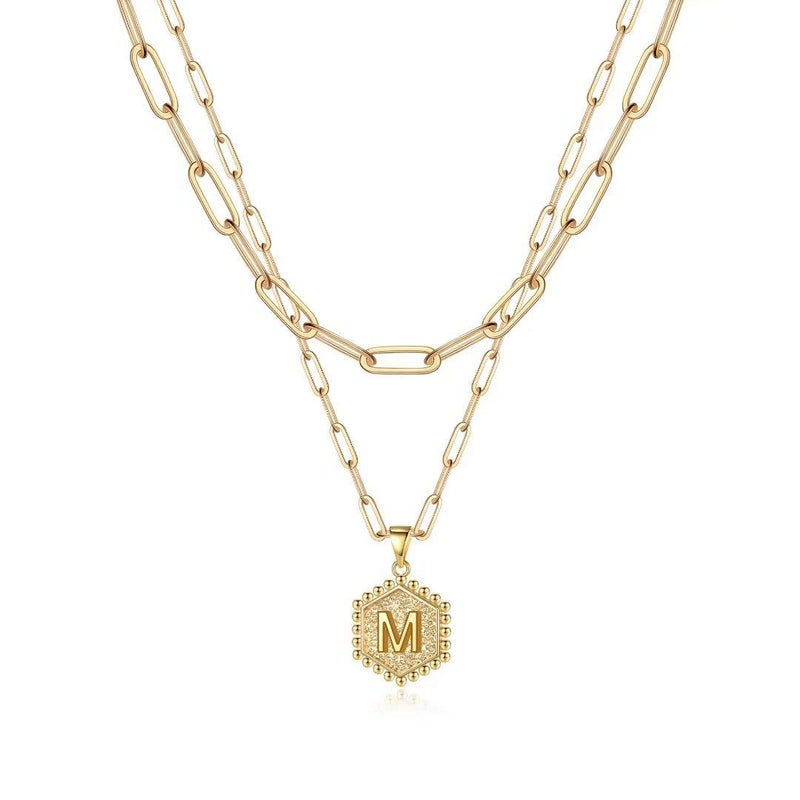 M MOOHAM Dainty Layering Initial Necklaces for Women Trendy - Necklaces for Women Cute Hexagon Letter Initial M Necklace Choker Necklaces Gold Layered Necklaces for Women Trendy - Image 1