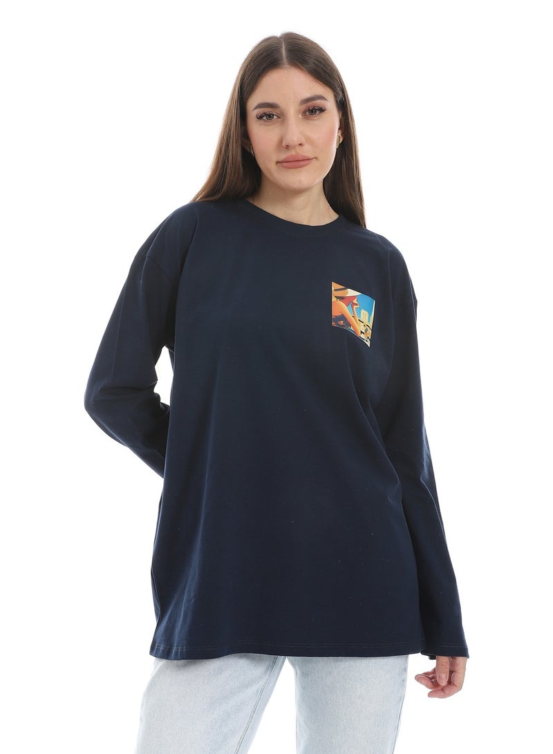 Andora Navy Blue Long Sleeves Oversized Printed T-Shirt_Navy Blue - Image 1