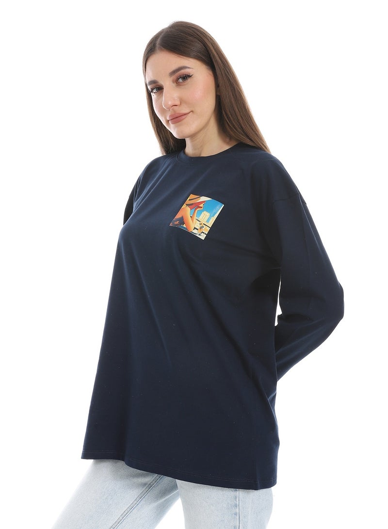 Andora Navy Blue Long Sleeves Oversized Printed T-Shirt_Navy Blue - Image 2