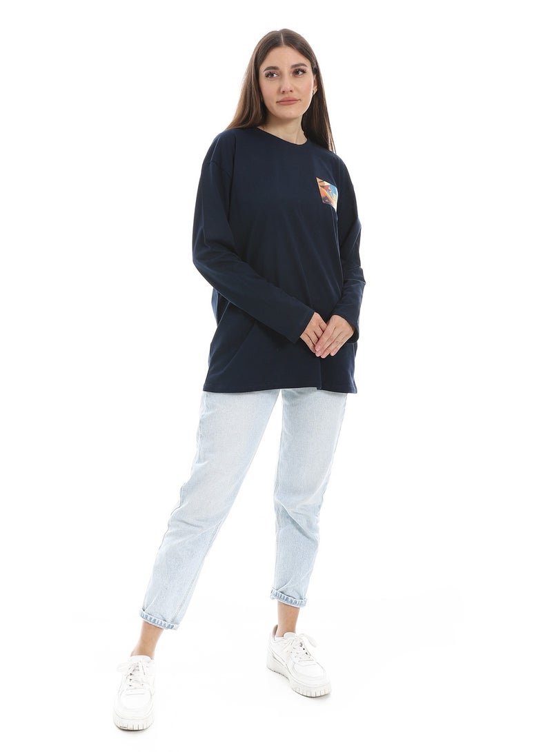 Andora Navy Blue Long Sleeves Oversized Printed T-Shirt_Navy Blue - Image 3