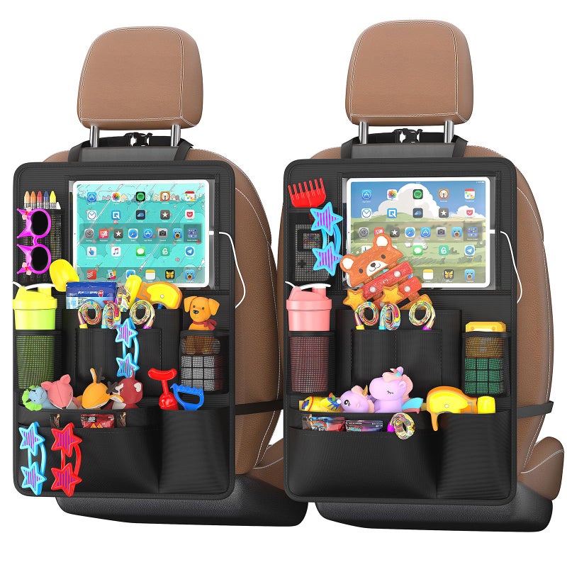 Oneyus Backseat Car Organizer with Touch ScreenKick Mats Back Seat Protector with 10 Storage PocketsCar Seat Back Organizers Storage for Snacks Drinks Toy Umbrellas for Kids Road Trip