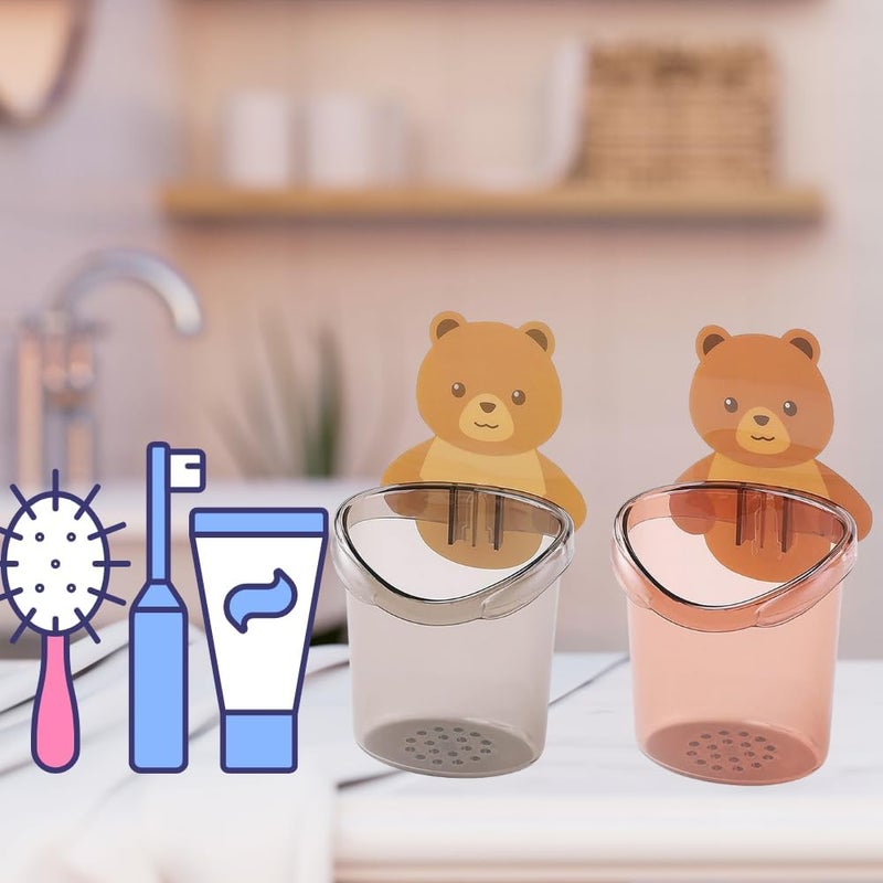 DASTAV Toothbrush Holder (Set of 2 Pcs) Plastic Stand for Toothpaste, Comb, Brush, Cream, Lotion Kids Bathroom Cup Drain Waterproof Self-Adhesive, Teddy Bear - Image 4