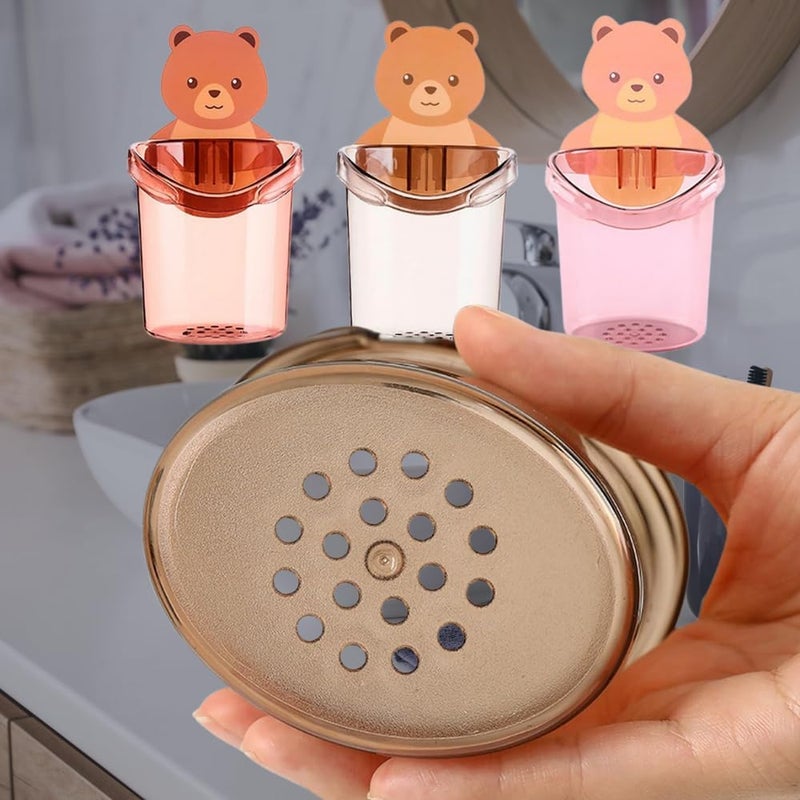 DASTAV Toothbrush Holder (Set of 2 Pcs) Plastic Stand for Toothpaste, Comb, Brush, Cream, Lotion Kids Bathroom Cup Drain Waterproof Self-Adhesive, Teddy Bear - Image 3