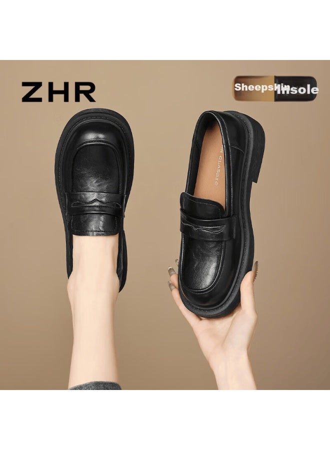 Zhr Sheepskin Insole Loafers Women  New College Style Uniform Jk Slip-on Leather Shoes Kn278 Black Size 36 - Image 1