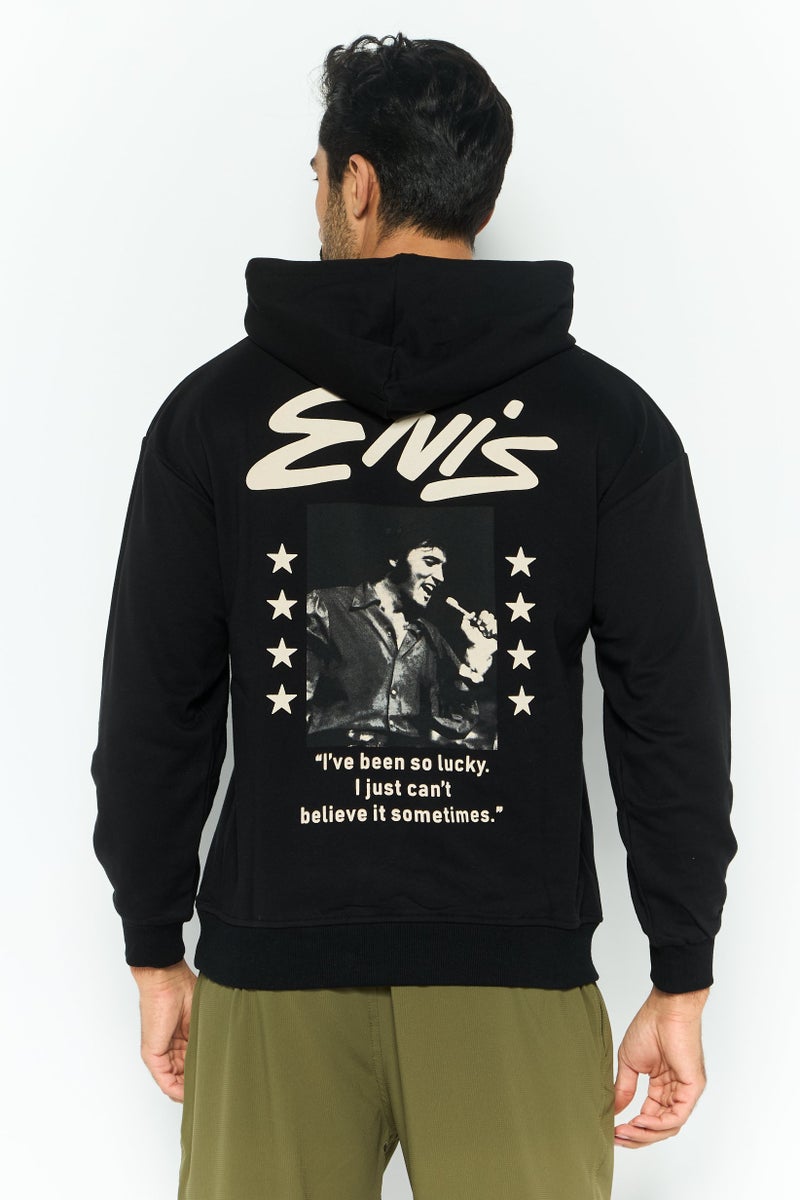 ELVIS Men Hooded Brand Logo Long Sleeves Sweatshirt, Black - Image 3