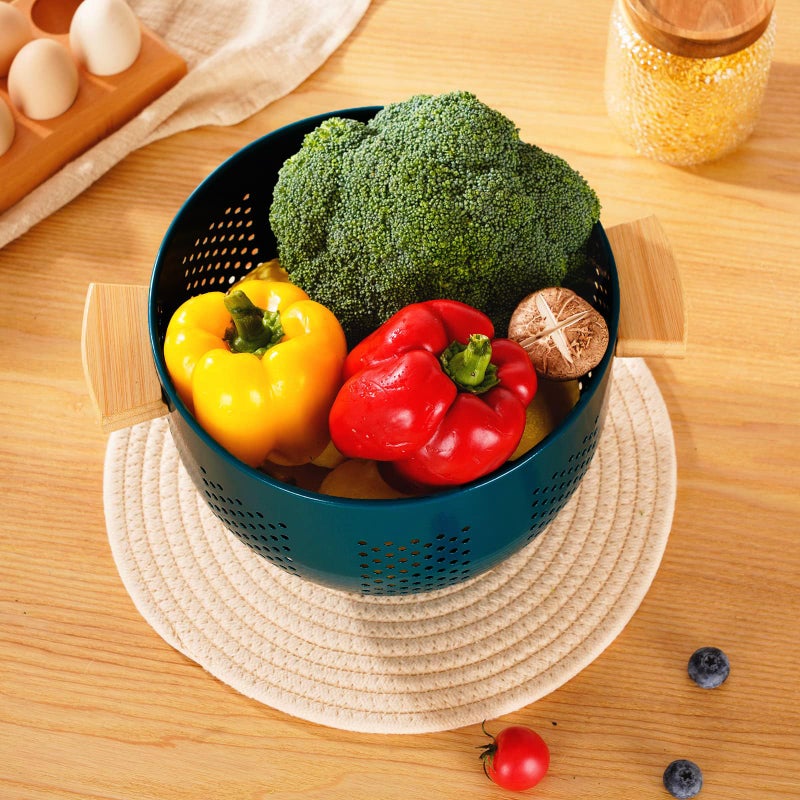 BeFare Metal Colander With Wood Handle  Powder Coated Steel Large Kitchen Strainer Stable Base (Green  5.5Qt) - Image 4