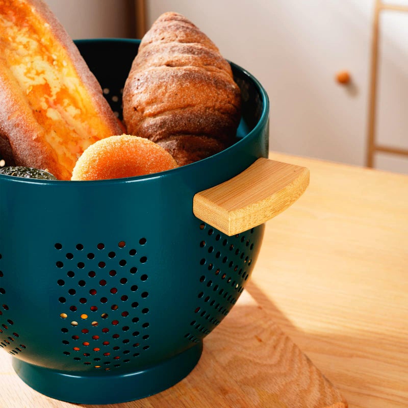 BeFare Metal Colander With Wood Handle  Powder Coated Steel Large Kitchen Strainer Stable Base (Green  5.5Qt) - Image 5