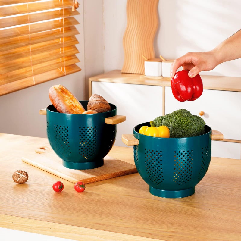 BeFare Metal Colander With Wood Handle  Powder Coated Steel Large Kitchen Strainer Stable Base (Green  5.5Qt) - Image 3