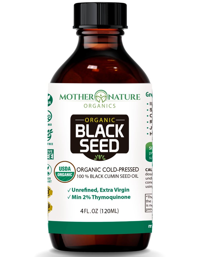 Mother Nature USDA Organic Black Seed Oil Cold Pressed Unrefined Vegan Nigella Sativa High Thymoquinone 2 Omega 3 6 9 for Immune Joint Heart Support Hair Skin NonGMO 4oz