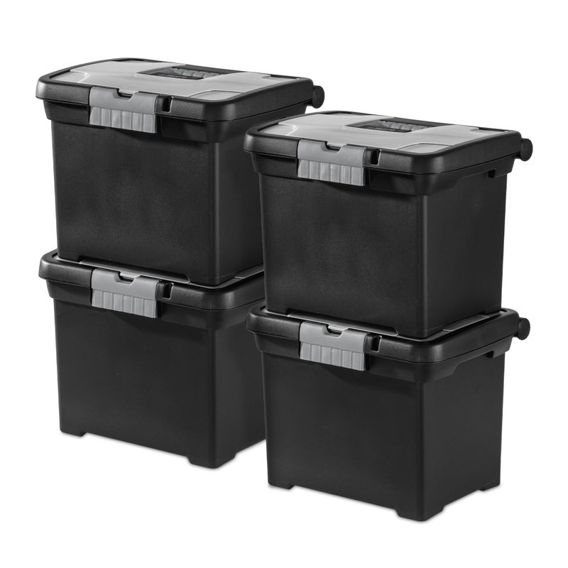 Sterilite 4-Pack Portable File Box, Stackable Container for Letter Hanging Folders, Black - Paper Document Plastic Storage Organizer with Latching Lid for Home, Office, and Dorm Organization - Image 1