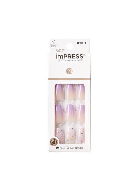 KISS imPRESS No Glue Mani Press On Nails, Design, 'All I Want', Purple, Medium Size, Coffin Shape, Includes 30 Nails, Prep Pad, Instructions Sheet, 1 Manicure Stick, 1 Mini File