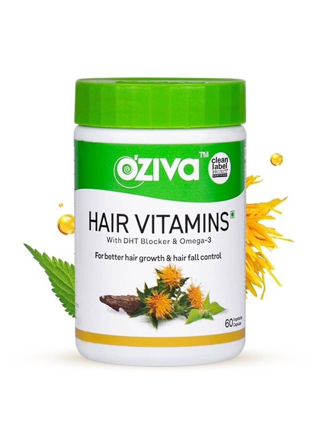 OZiva Plant Based Hair Vitamins | Hair Vitamins for Hair Growth & Better Hair Health (with Omega-3, Biotin & Vitamin E for Hair), Certified Clean & Vegan, 60 Capsules - Image 1