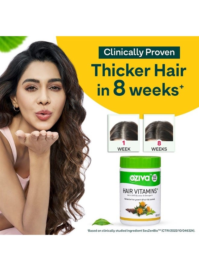 OZiva Plant Based Hair Vitamins | Hair Vitamins for Hair Growth & Better Hair Health (with Omega-3, Biotin & Vitamin E for Hair), Certified Clean & Vegan, 60 Capsules - Image 2