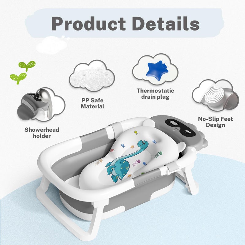 AVIDOR Baby Bathtub,Collapsible Bathtub for Newborn to Toddler,Durable Essential Infant Bath Tub,Portable Travel Baby Tub with Soft Bath Net,No-Slip Feet and Dinosaur Shaped (Grey) - Image 2