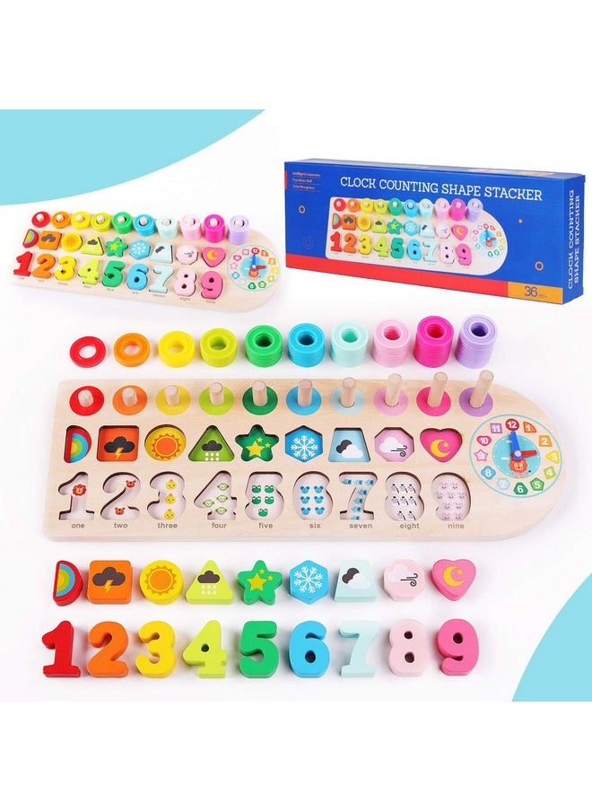 QZMTOY Preschool Educational Learning Montessori Toys For Kids, Toddler Puzzles Number Shape Sorter Counting Stacker With Clock Weather, Boys Girls Activities Math Game Gift For Age 3 4 5 Years  - Image 1